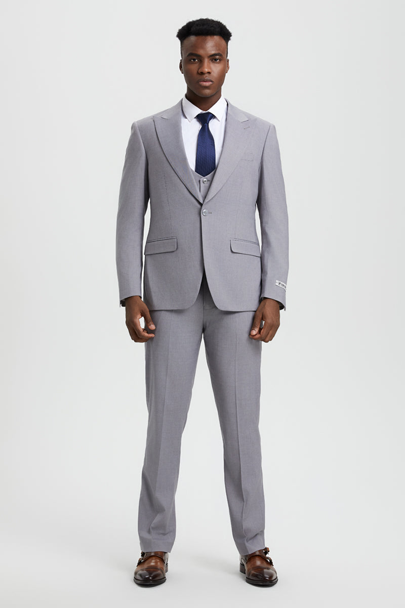 Men's Vested One Button Peak Lapel Stacy Adams Designer Suit in Light Grey - Image 2