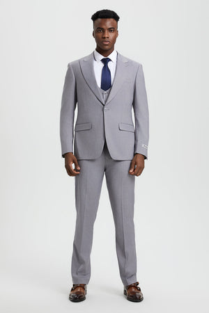 Men's Vested One Button Peak Lapel Stacy Adams Designer Suit in Light Grey - Image 2