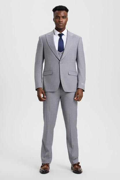 Men's Vested One Button Peak Lapel Stacy Adams Designer Suit in Light Grey - Image 2