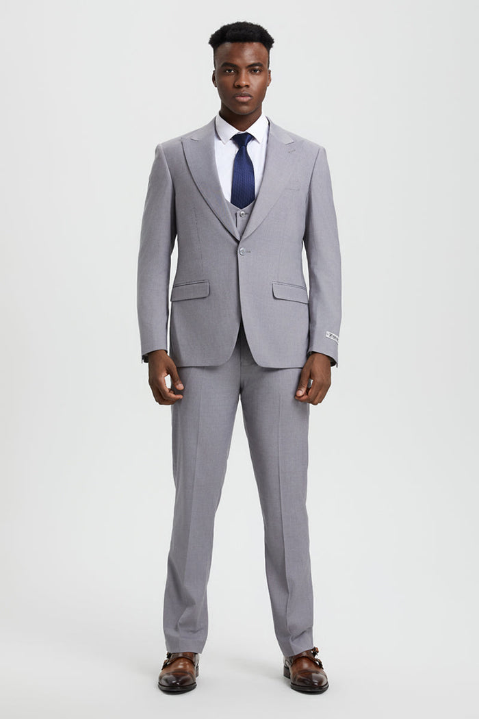 Men's Vested One Button Peak Lapel Stacy Adams Designer Suit in Light Grey - Image 2
