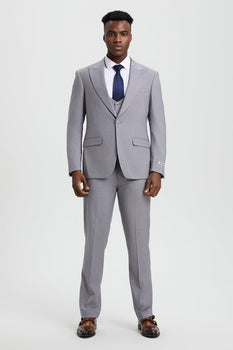 Men's Vested One Button Peak Lapel Stacy Adams Designer Suit in Light Grey - Image 2