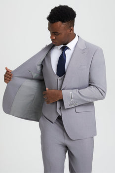 Men's Vested One Button Peak Lapel Stacy Adams Designer Suit in Light Grey - Image 4