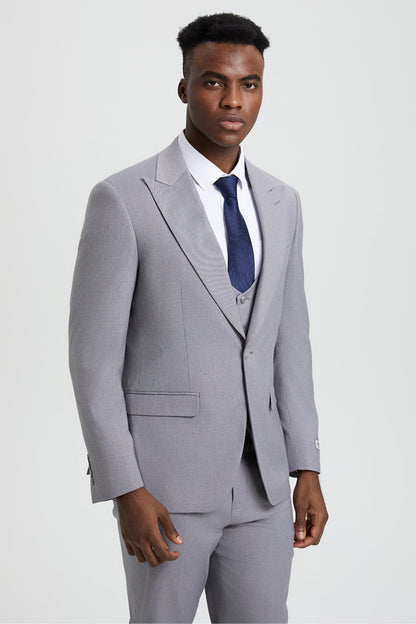 Men's Vested One Button Peak Lapel Stacy Adams Designer Suit in Light Grey - Image 5
