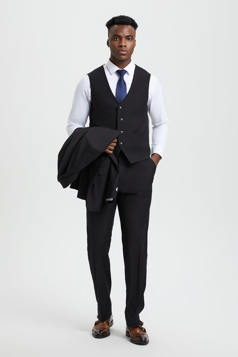 Men's Two Button Vested Stacy Adams Designer Basic Suit in Black - Image 4