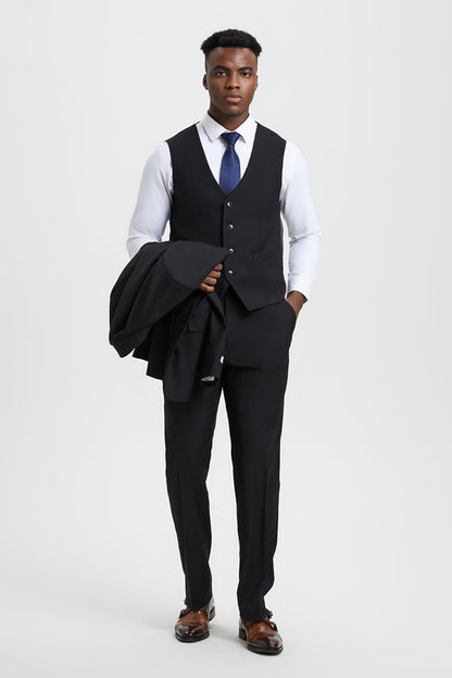 Men's Two Button Vested Stacy Adams Designer Basic Suit in Black - Image 4
