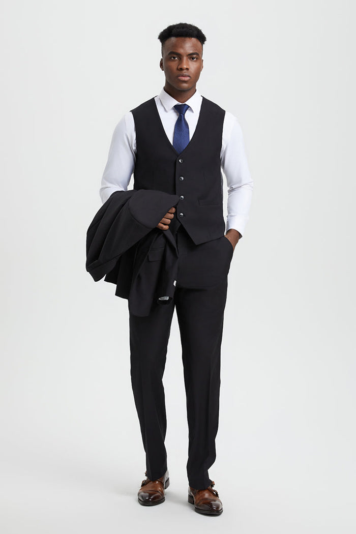 Men's Two Button Vested Stacy Adams Designer Basic Suit in Black - Image 4