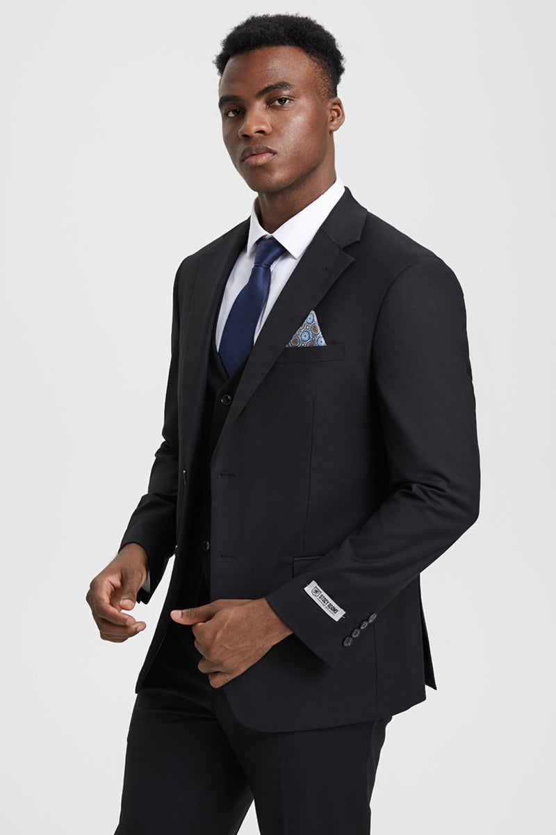 Men's Two Button Vested Stacy Adams Designer Basic Suit in Black - Image 6