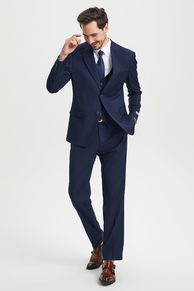 Men's Two Button Vested Stacy Adams Basic Designer Suit in Navy Blue - Image 3