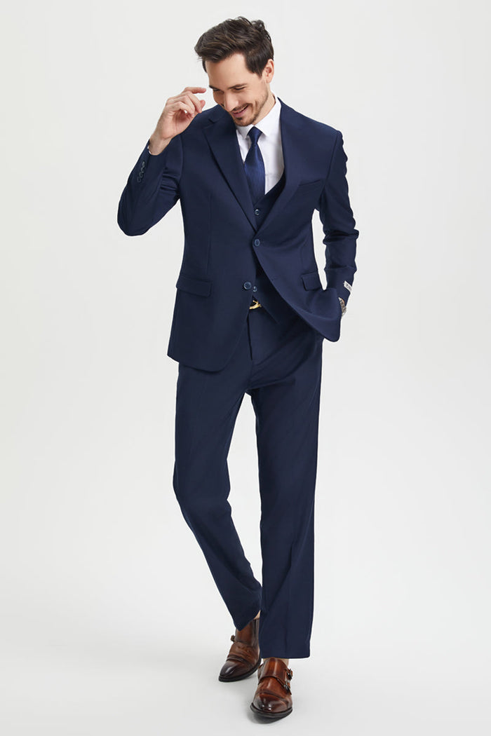 Men's Two Button Vested Stacy Adams Basic Designer Suit in Navy Blue - Image 3