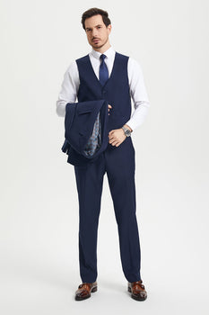 Men's Two Button Vested Stacy Adams Basic Designer Suit in Navy Blue