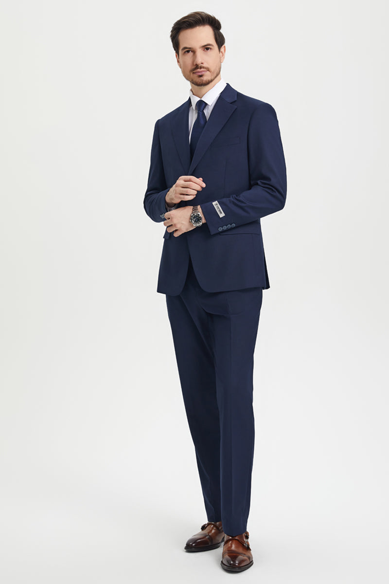 Men's Two Button Vested Stacy Adams Basic Designer Suit in Navy Blue - Image 7