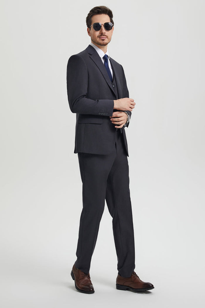 Men's Two Button Vested Stacy Adams Basic Designer Suit in Charcoal Grey - Image 3