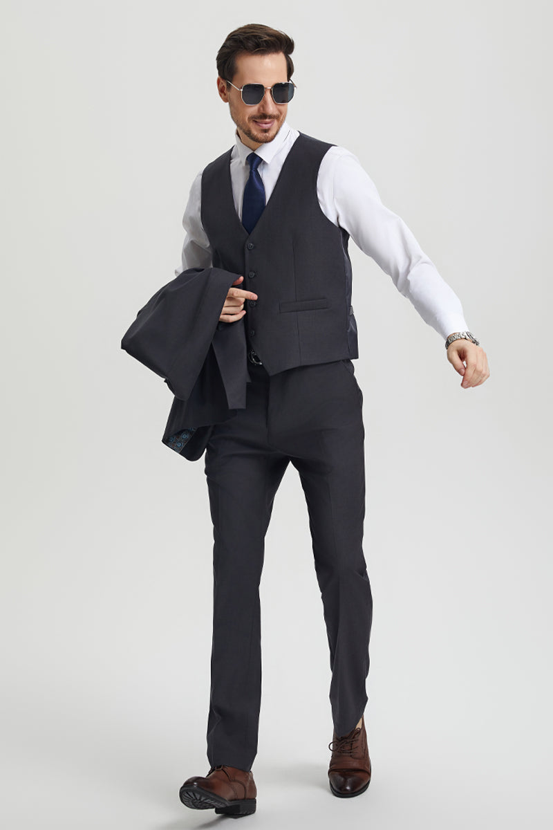 Men's Two Button Vested Stacy Adams Basic Designer Suit in Charcoal Grey - Image 4
