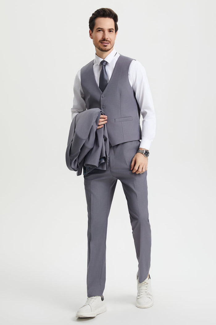 Men's Two Button Vested Stacy Adams Basic Designer Suit in Medium Grey - Image 4