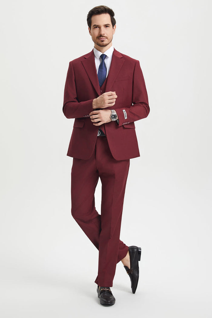 Men's Two Button Vested Stacy Adams Basic Designer Suit in Burgundy - Image 2