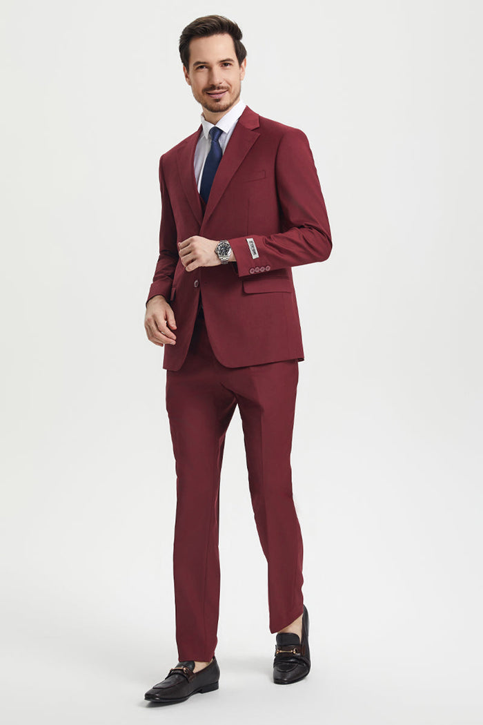 Men's Two Button Vested Stacy Adams Basic Designer Suit in Burgundy - Image 3