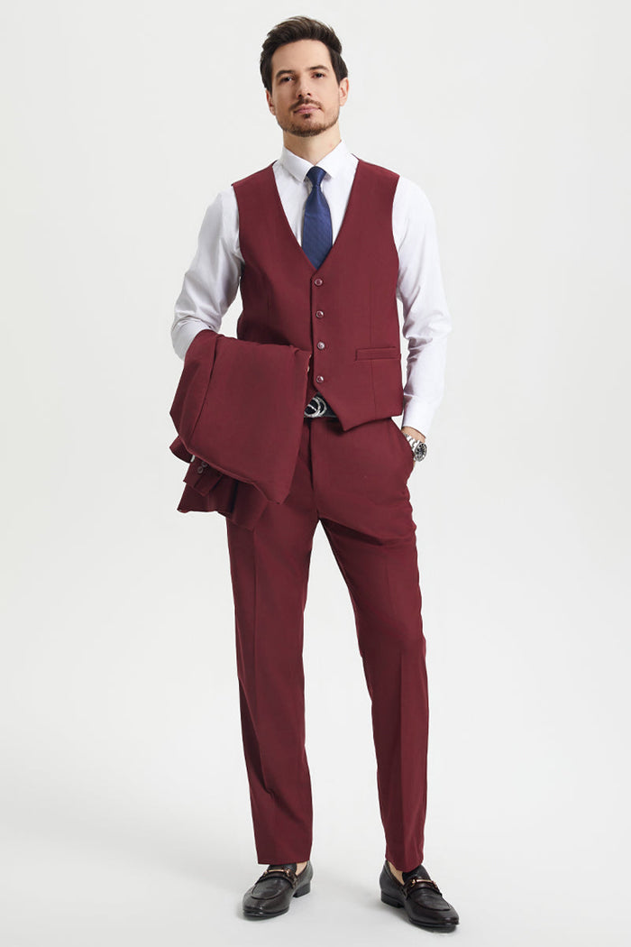 Men's Two Button Vested Stacy Adams Basic Designer Suit in Burgundy - Image 4