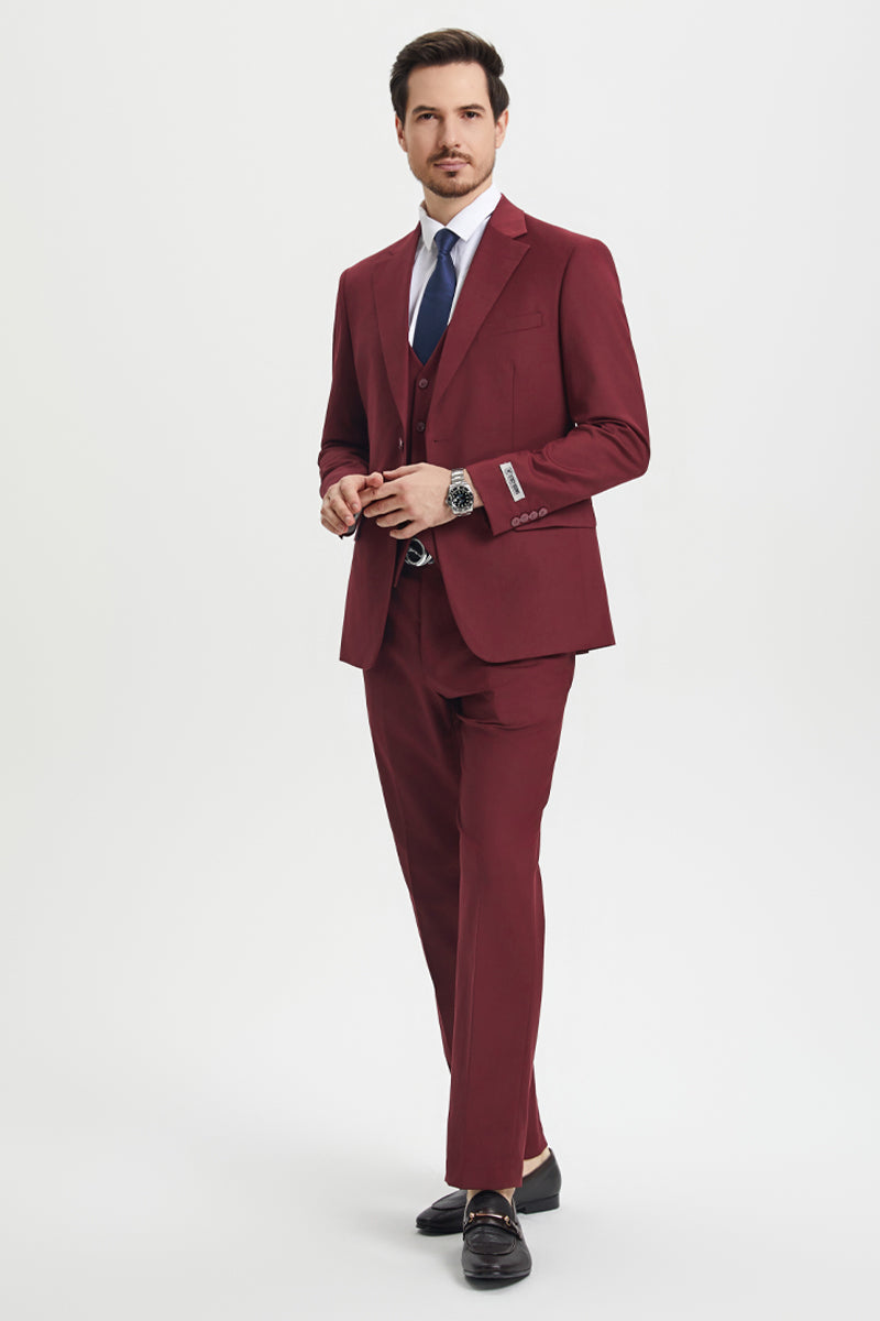 Men's Two Button Vested Stacy Adams Basic Designer Suit in Burgundy - Image 5