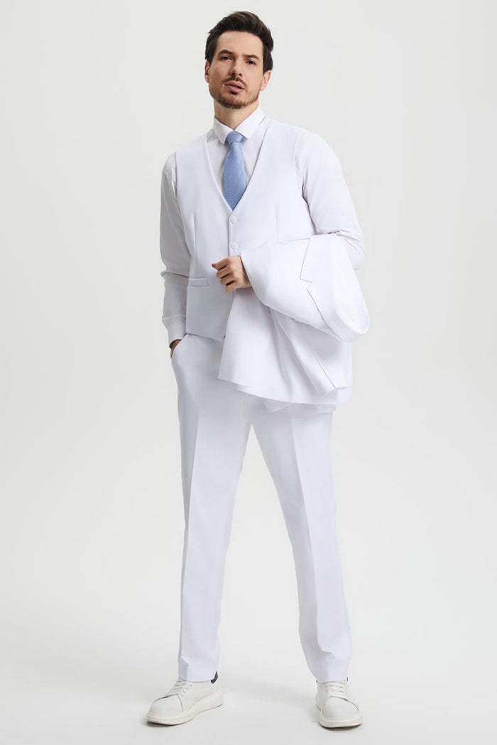 Men's Two Button Vested Stacy Adams Basic Designer Suit in White - Image 4