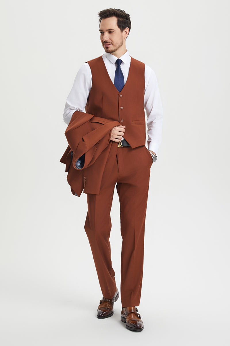 Men's Two Button Vested Stacy Adams Basic Designer Suit in Brown Rust - Image 4