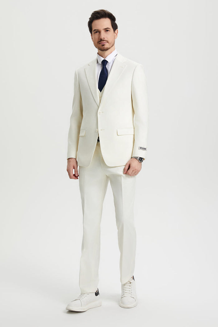 Men's Two Button Vested Stacy Adams Basic Designer Suit in Ivory Off White - Image 3