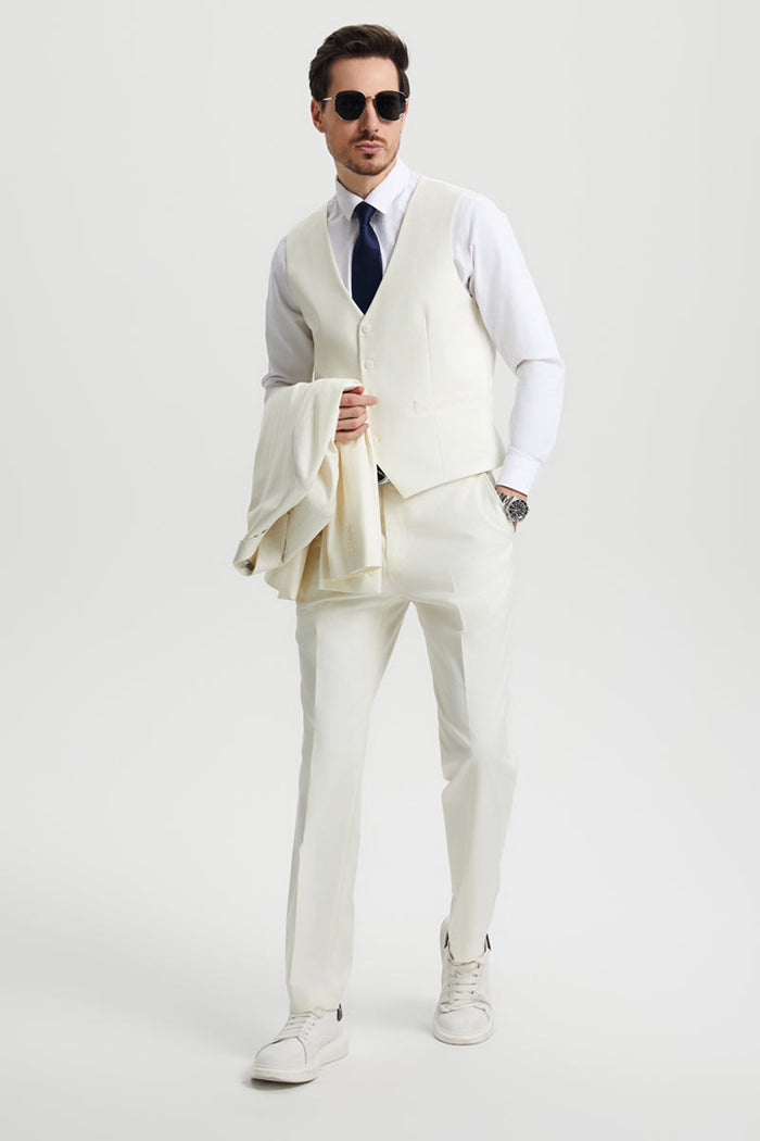 Men's Two Button Vested Stacy Adams Basic Designer Suit in Ivory Off White - Image 4