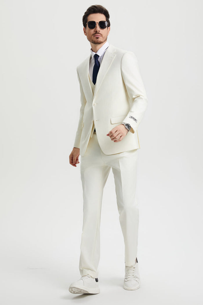 Men's Two Button Vested Stacy Adams Basic Designer Suit in Ivory Off White - Image 2