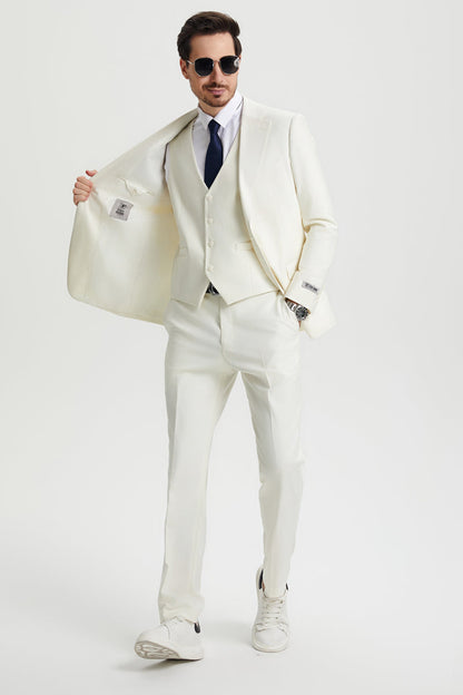 Men's Two Button Vested Stacy Adams Basic Designer Suit in Ivory Off White - Image 5