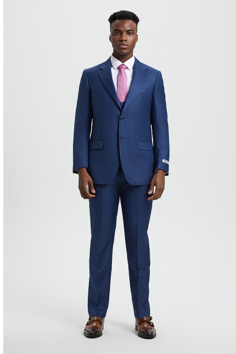 Men's Two Button Vested Stacy Adams Designer Sharkskin Suit in Blue - Image 3