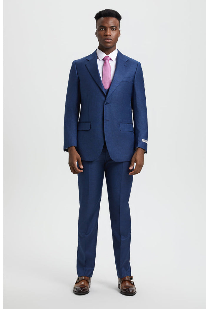 Men's Two Button Vested Stacy Adams Designer Sharkskin Suit in Blue - Image 3