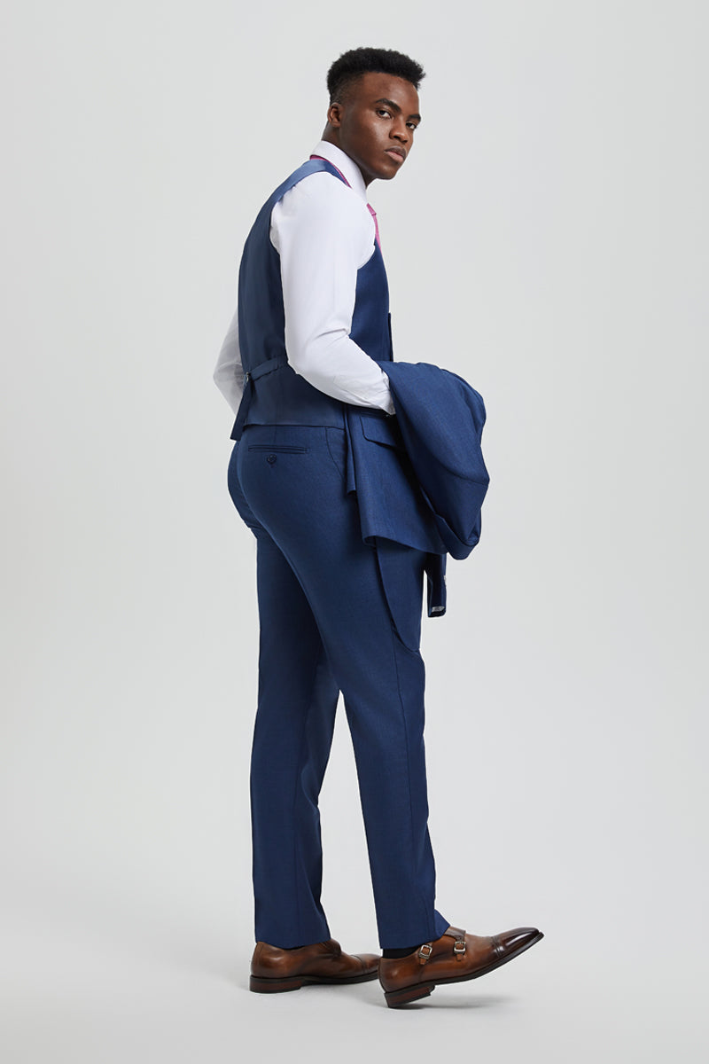 Men's Two Button Vested Stacy Adams Designer Sharkskin Suit in Blue - Image 4