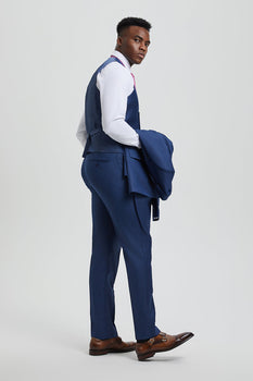 Men's Two Button Vested Stacy Adams Designer Sharkskin Suit in Blue - Image 4