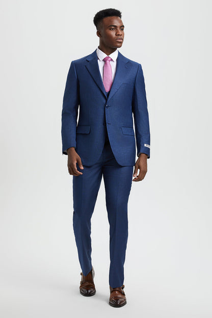 Men's Two Button Vested Stacy Adams Designer Sharkskin Suit in Blue - Image 5