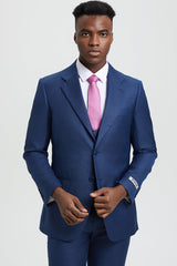 Men's Two Button Vested Stacy Adams Designer Sharkskin Suit in Blue