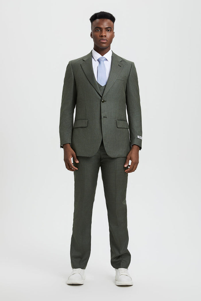 Men's Two Button Vested Stacy Adams Designer Sharkskin Suit in Olive Green - Image 2