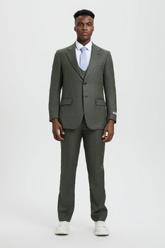 Men's Two Button Vested Stacy Adams Designer Sharkskin Suit in Olive Green - Image 2