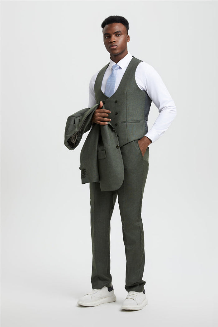 Men's Two Button Vested Stacy Adams Designer Sharkskin Suit in Olive Green - Image 3