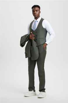 Men's Two Button Vested Stacy Adams Designer Sharkskin Suit in Olive Green - Image 3