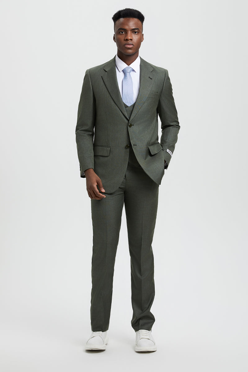 Men's Two Button Vested Stacy Adams Designer Sharkskin Suit in Olive Green - Image 4