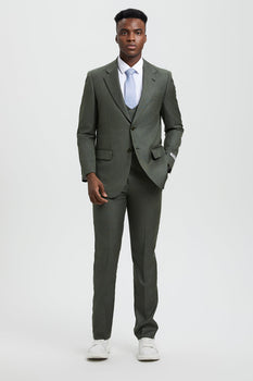 Men's Two Button Vested Stacy Adams Designer Sharkskin Suit in Olive Green - Image 4
