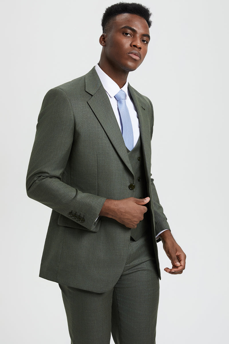 Men's Two Button Vested Stacy Adams Designer Sharkskin Suit in Olive Green - Image 5