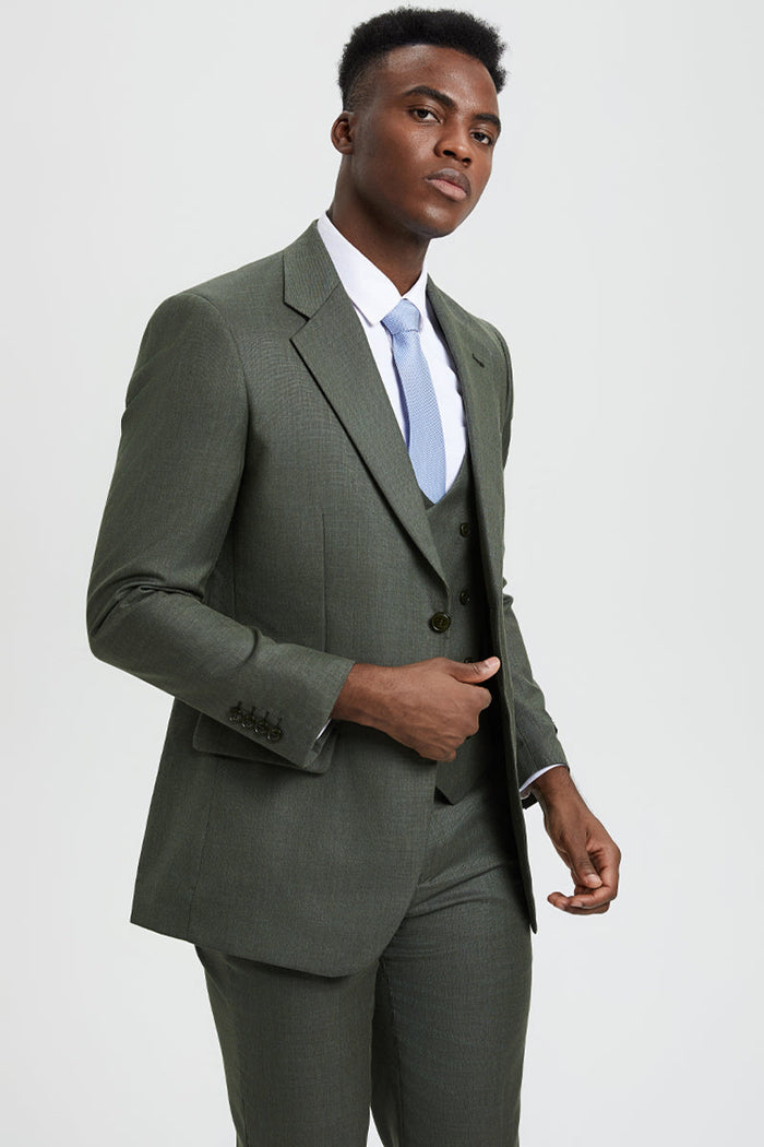 Men's Two Button Vested Stacy Adams Designer Sharkskin Suit in Olive Green - Image 5