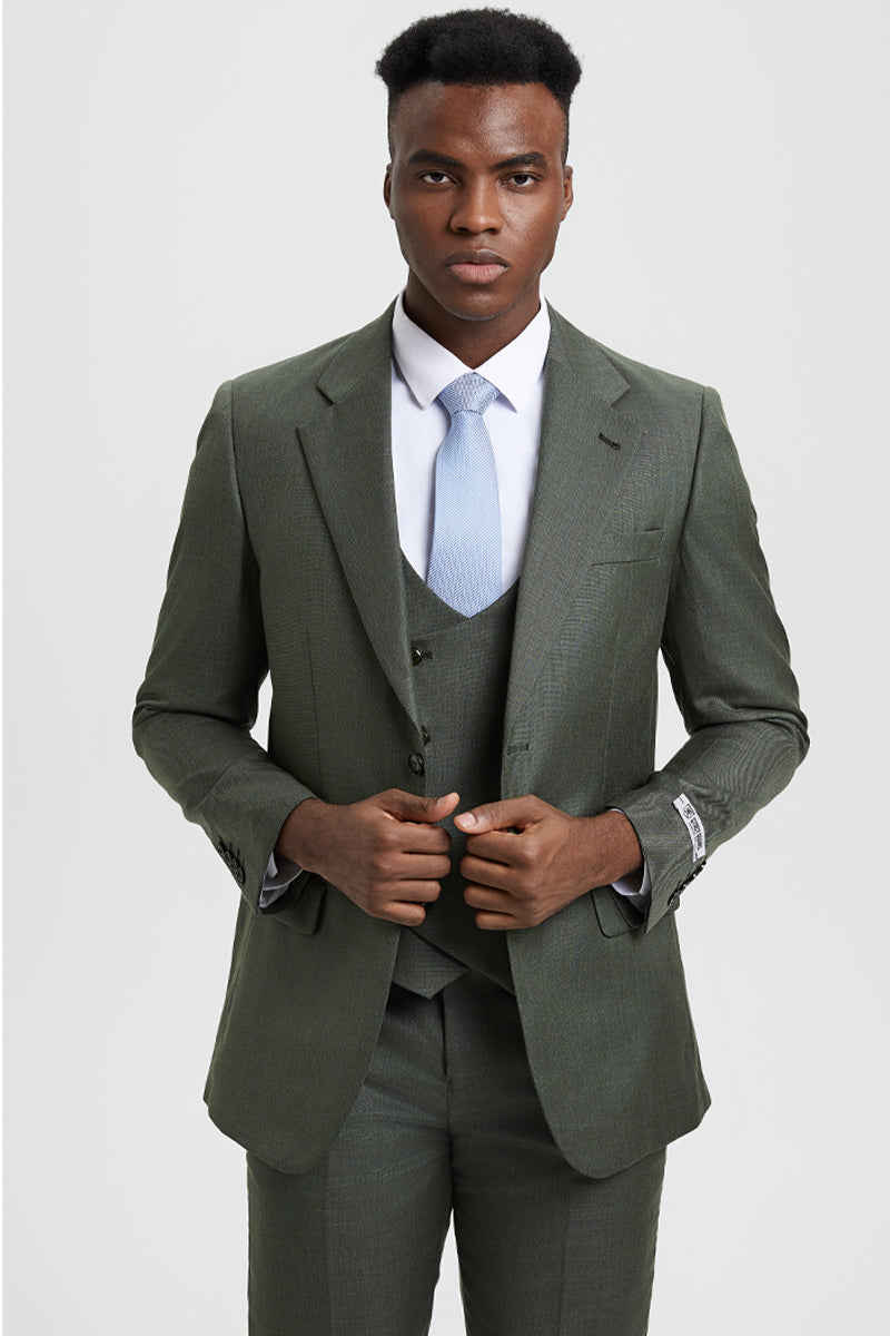 Men's Two Button Vested Stacy Adams Designer Sharkskin Suit in Olive G