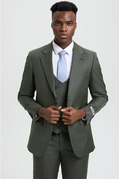 Men's Two Button Vested Stacy Adams Designer Sharkskin Suit in Olive Green