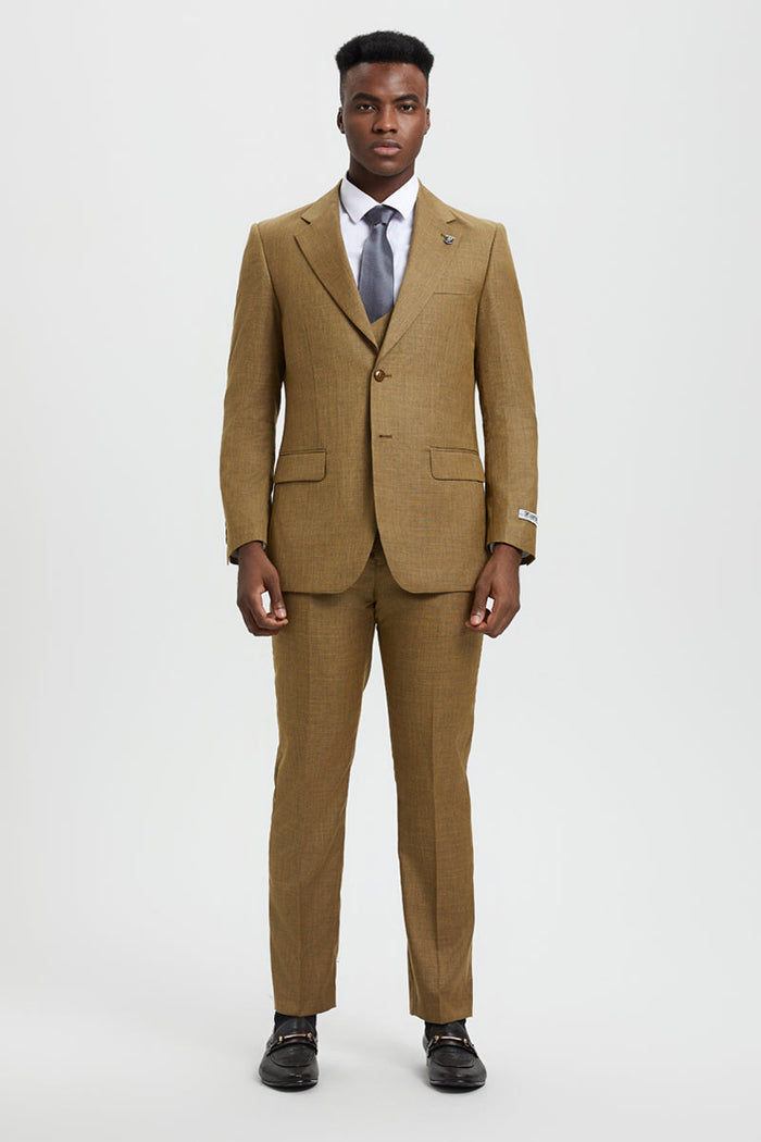 Men's Two Button Vested Stacy Adams Designer Sharkskin Suit in Light Mustard - Image 2
