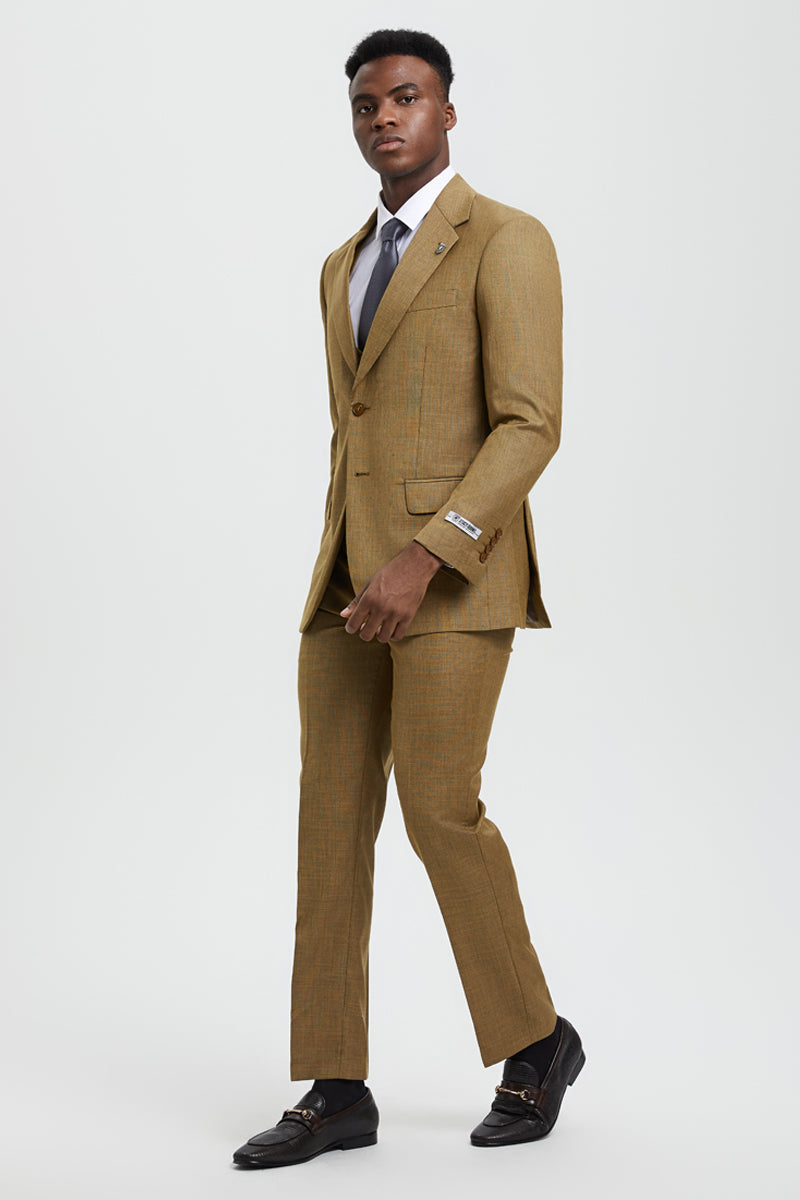 Men's Two Button Vested Stacy Adams Designer Sharkskin Suit in Light Mustard - Image 3