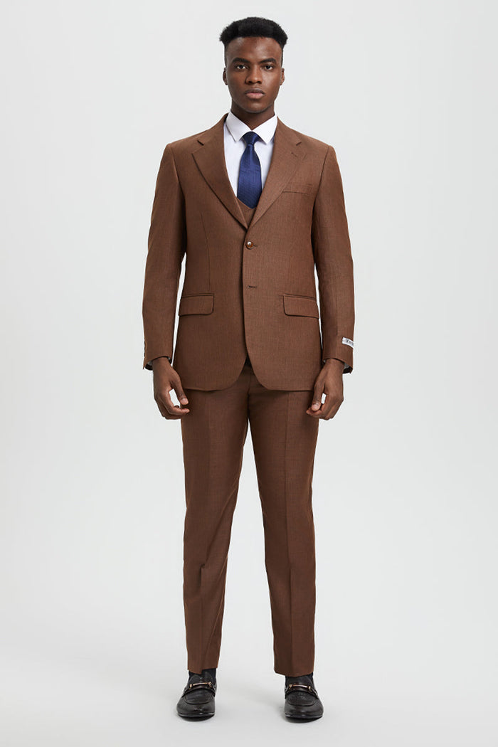 Men's Two Button Vested Stacy Adams Designer Sharkskin Suit in Cognac - Image 2