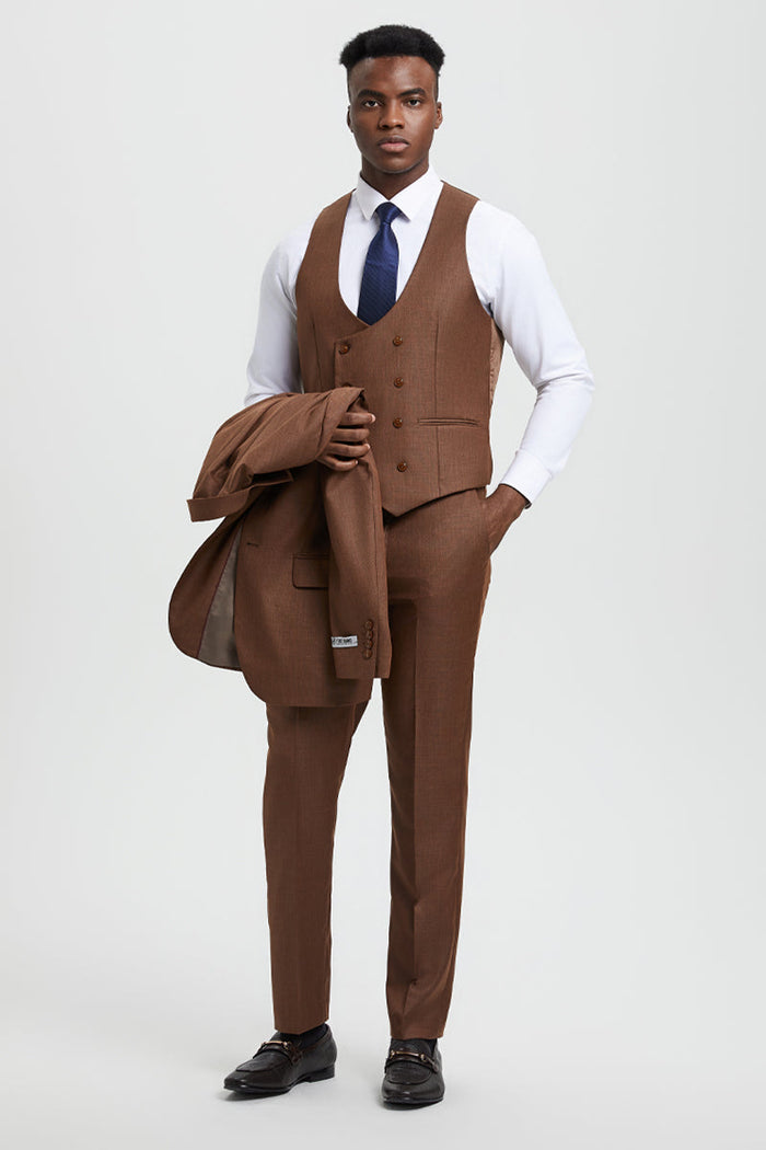 Men's Two Button Vested Stacy Adams Designer Sharkskin Suit in Cognac - Image 4