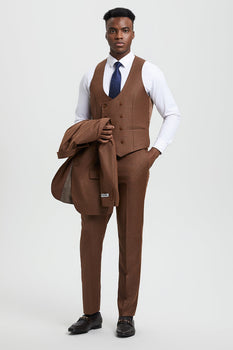 Men's Two Button Vested Stacy Adams Designer Sharkskin Suit in Cognac - Image 4