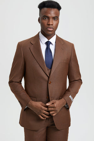 Men's Two Button Vested Stacy Adams Designer Sharkskin Suit in Cognac